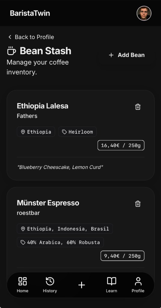 BaristaTwin bean stash inventory management screen