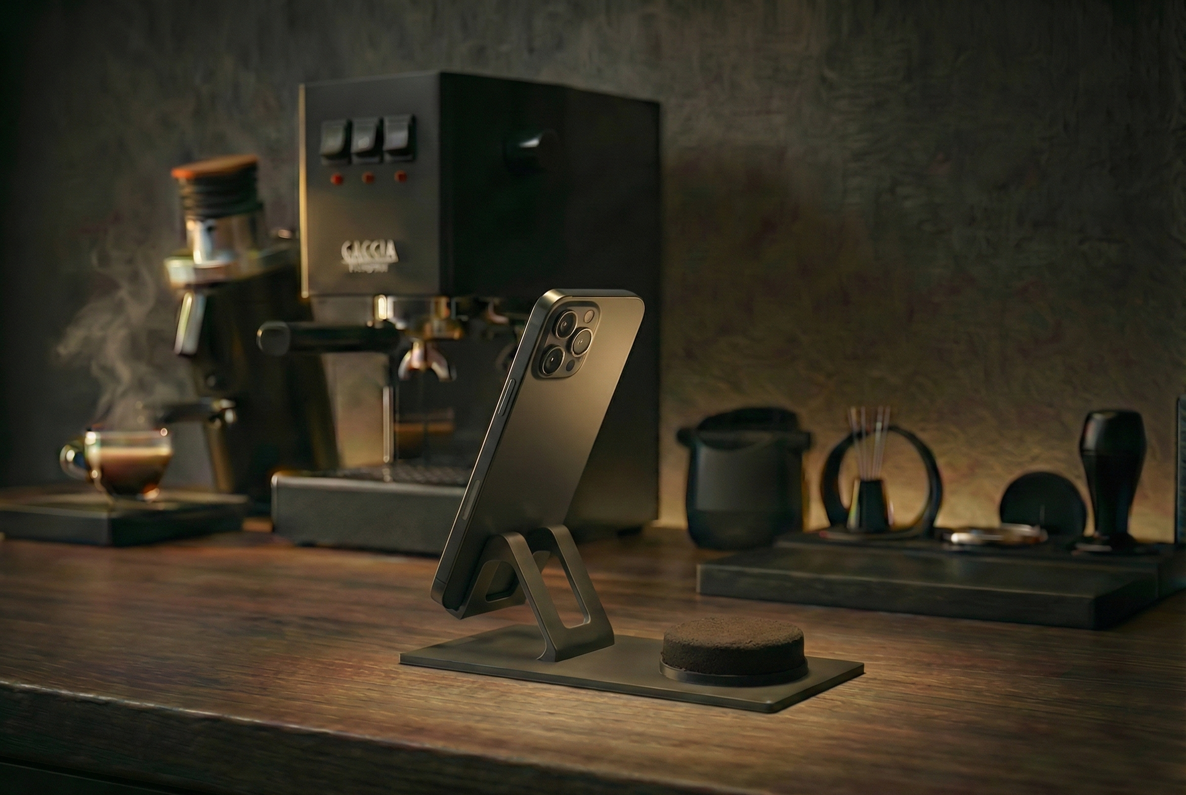 BaristaTwin smart dock positioned next to an espresso machine
